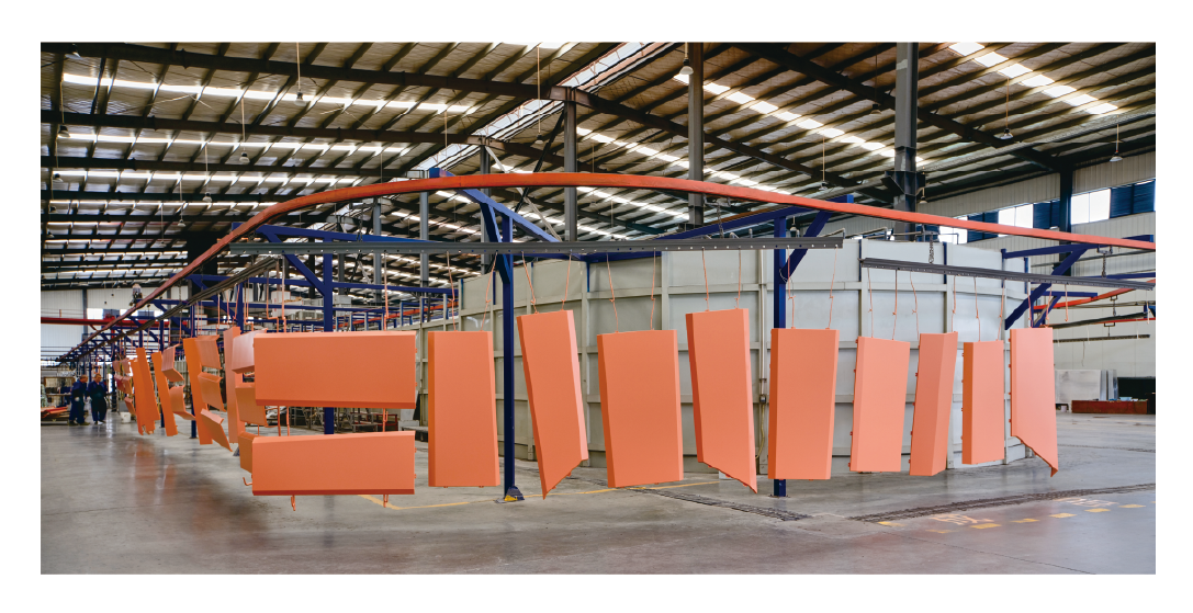 Aluminium panels moving through Hangqiang's automated coating line